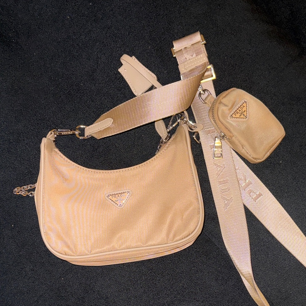 Beige Nylon Shoulder Bag with Logo Strap and Pouch